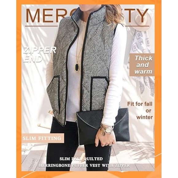 Quilted Puffer Herringbone Tweed Vest Black White Full Zip Pockets Women's Sz M - Picture 1 of 12